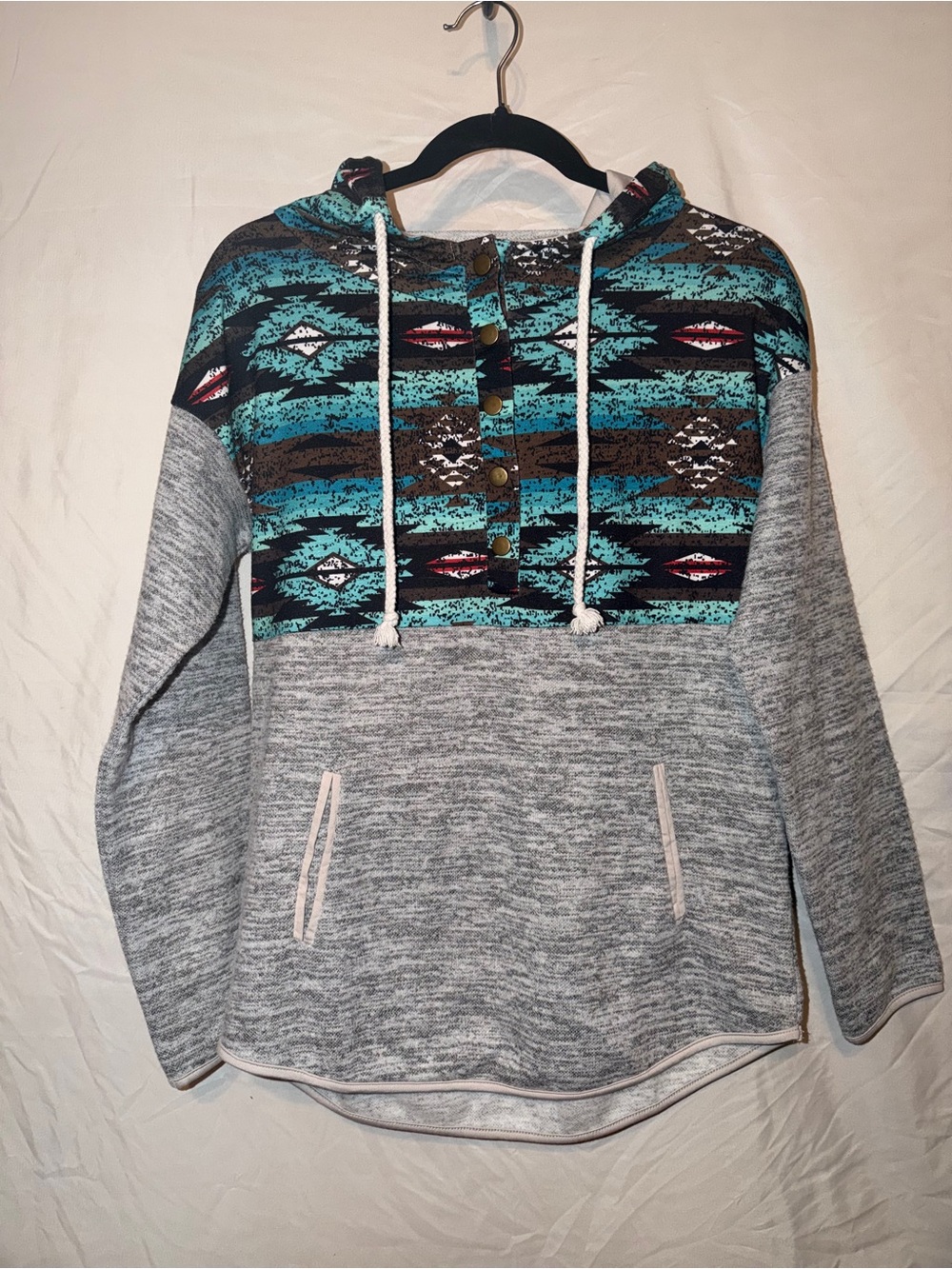 Cozy Gray Pullover Hoodie with Teal Aztec Yoke